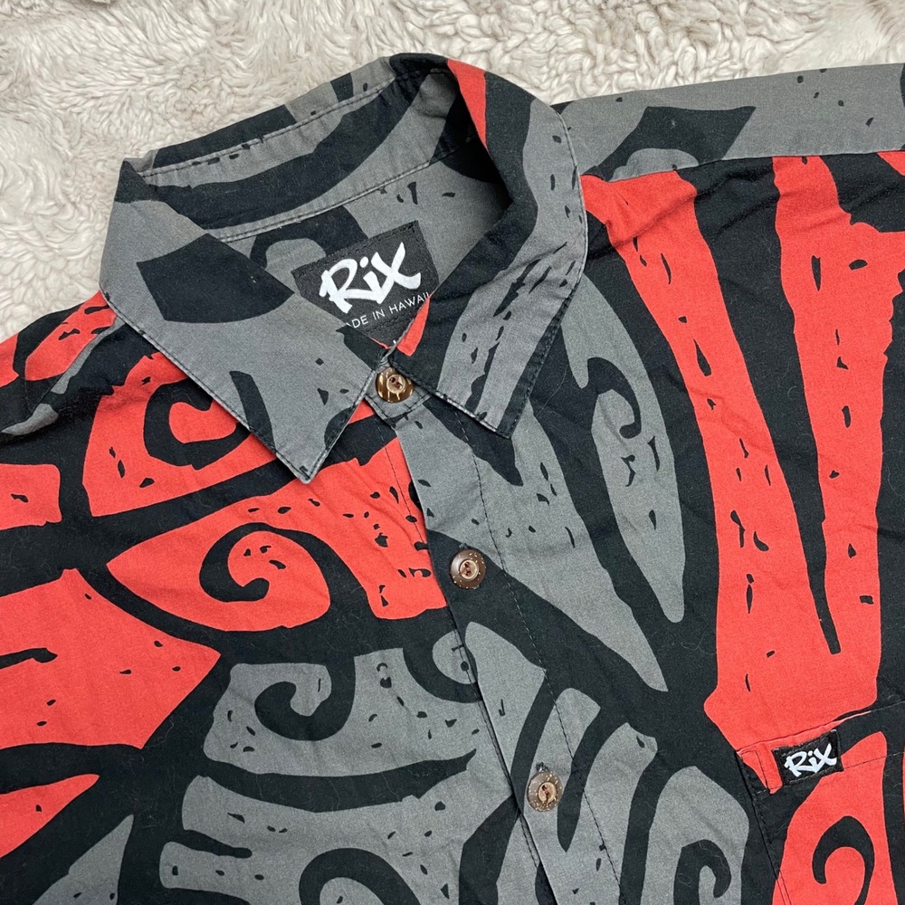Rix Island Wear Mens Large Red Black Tribal Graphic Aloha Shirt Made in Hawaii